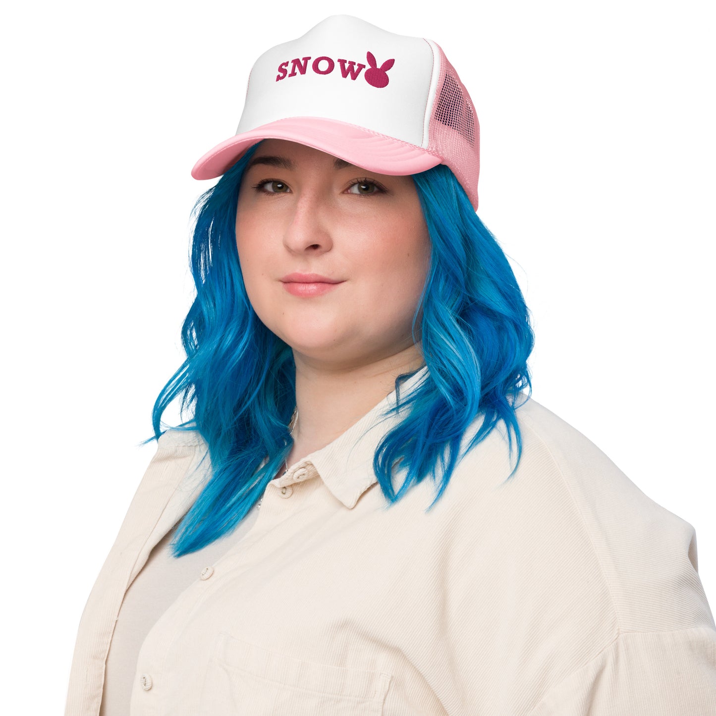 Snow Bunny Trucker Hat - Cute Embroidered Bunny Design - Women's Snowboarding and Skiing Apparel