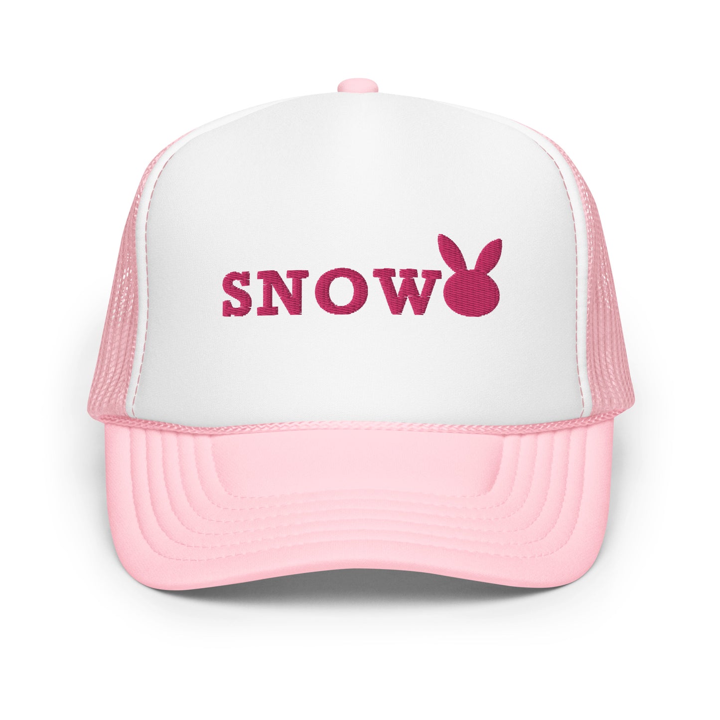 Snow Bunny Trucker Hat - Cute Embroidered Bunny Design - Women's Snowboarding and Skiing Apparel